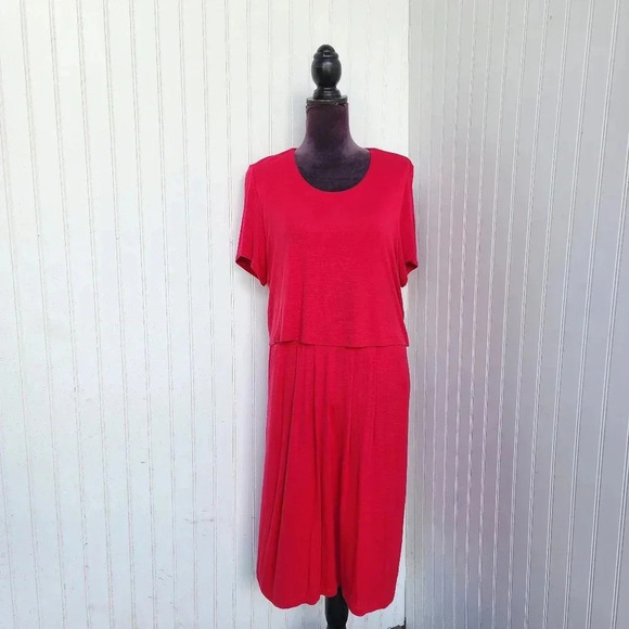 J. Jill Raspberry Pink Layered Knit Dress Stretch Short Sleeve Buttons Rayon L - Picture 1 of 15